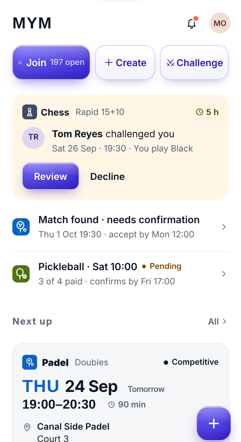 Meet your Match player app prototype: home screen with Join, Create and Challenge